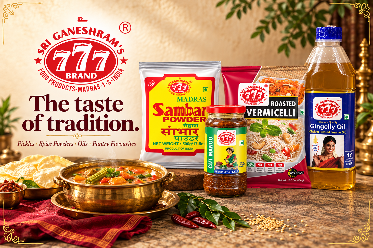 777 range: sambar powder, cut mango pickle, sesame oil and roasted vermicelli